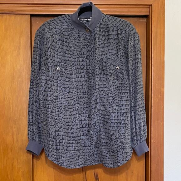 NWT Diane Gilman Gray 100% Silk Blouse Snakeskin Print Knit Cuffs Collar Buttons - Picture 1 of 7